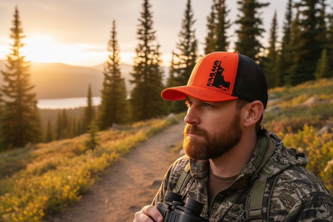 A man wearing a JSD Apparel Idaho Upland Blaze trucker hat with a blaze orange front and black mesh back at sunset.