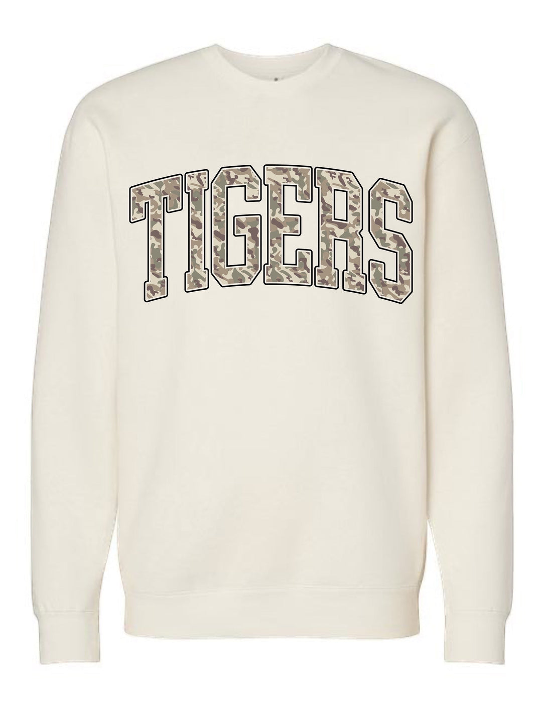JSD Apparel ivory crewneck sweatshirt with collegiate-style TIGERS arch lettering in a camouflage print pattern.