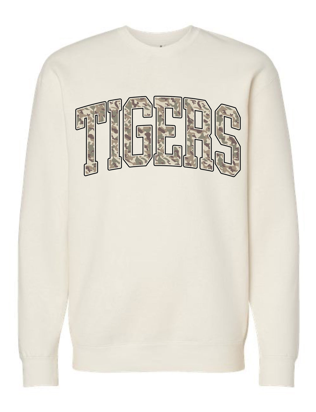 JSD Apparel ivory crewneck sweatshirt with collegiate-style TIGERS arch lettering in a camouflage print.