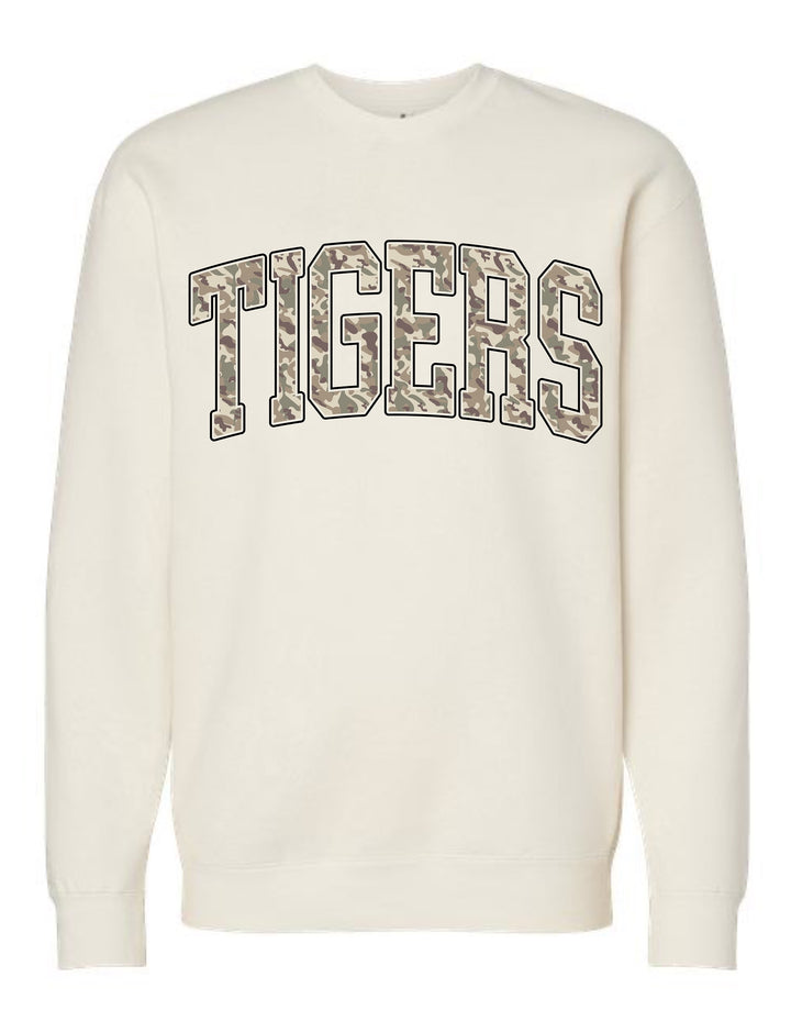 JSD Apparel ivory crewneck sweatshirt with collegiate-style TIGERS arch lettering in a camouflage print.