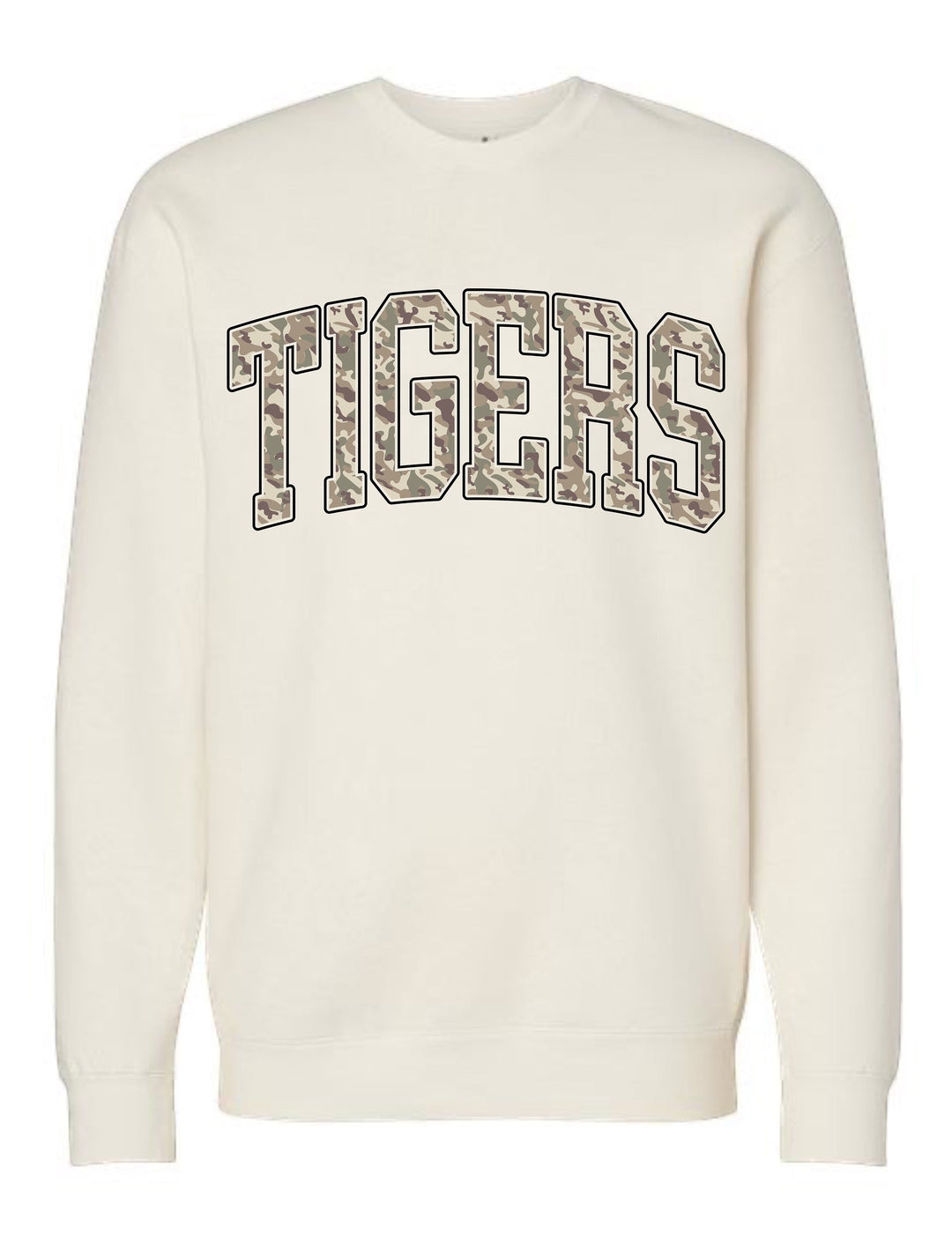 JSD Apparel ivory crewneck sweatshirt with collegiate-style TIGERS arch lettering featuring a camo print fill