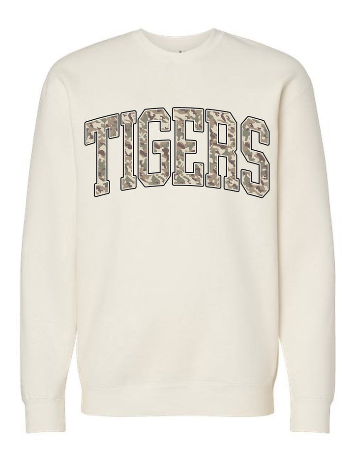 JSD Apparel ivory crewneck sweatshirt with collegiate-style TIGERS arch lettering featuring a camo print fill