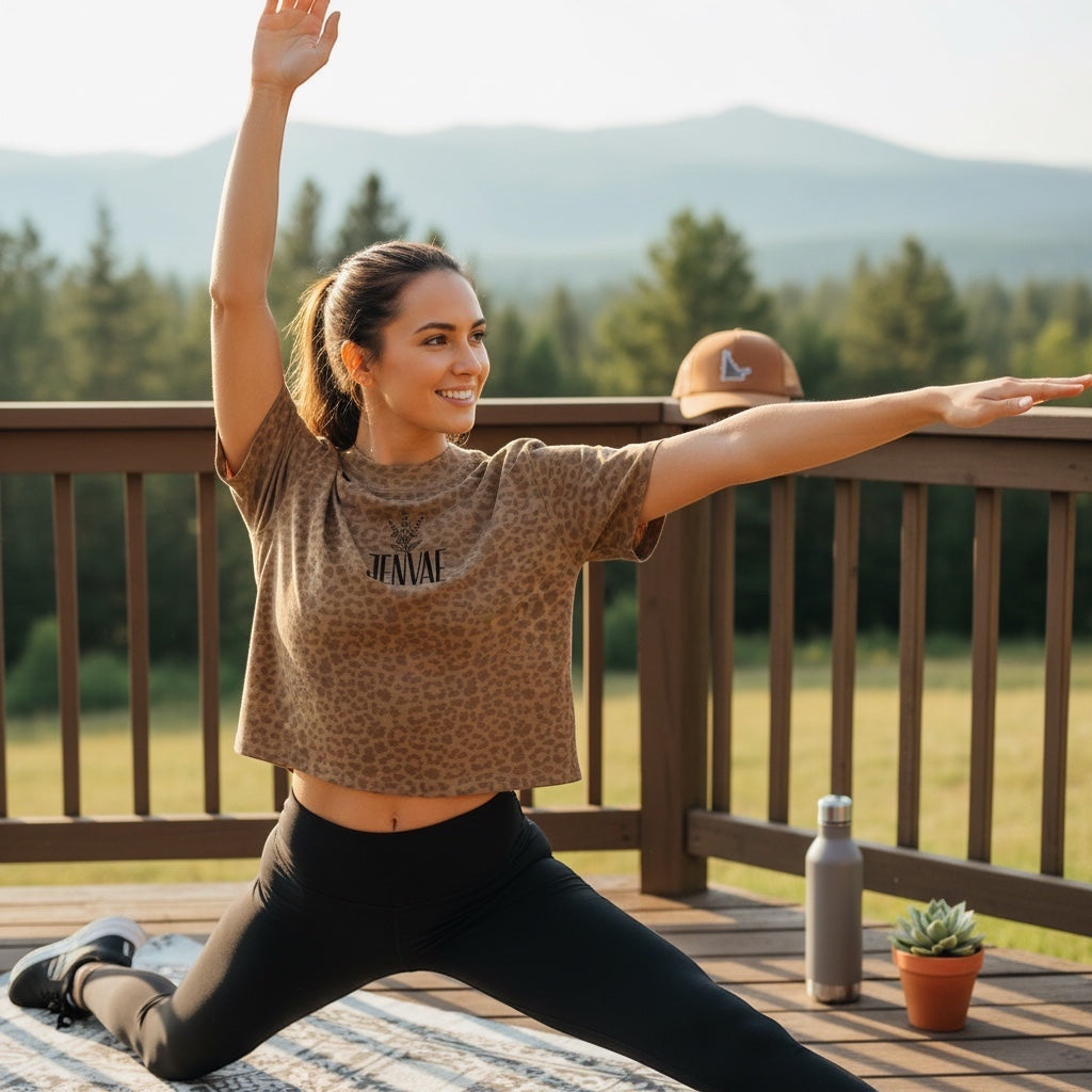 JSD Apparel Jenvae leopard print boxy crop tee in desert tan worn by a woman doing yoga on a wooden deck.