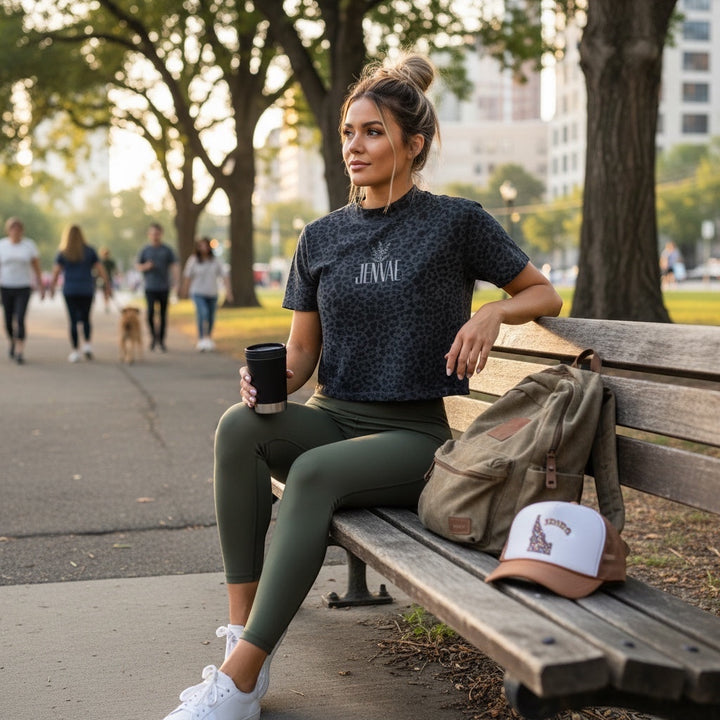 JSD Apparel Jenvae black leopard print boxy crop tee worn by a woman sitting on a park bench with a coffee cup.