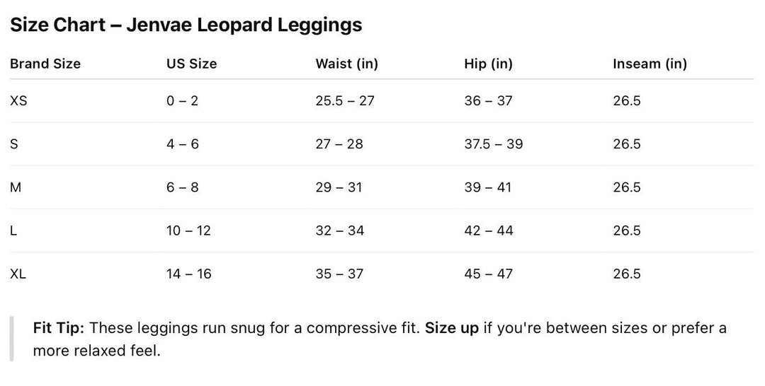 JSD Apparel Jenvae leopard print leggings size chart for XS to XL with waist, hip, and inseam measurements.