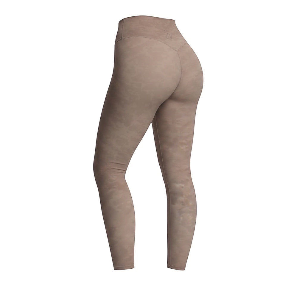 JSD Apparel Jenvae high-waisted leggings in taupe with subtle leopard print, featuring a sculpted V-seam back.