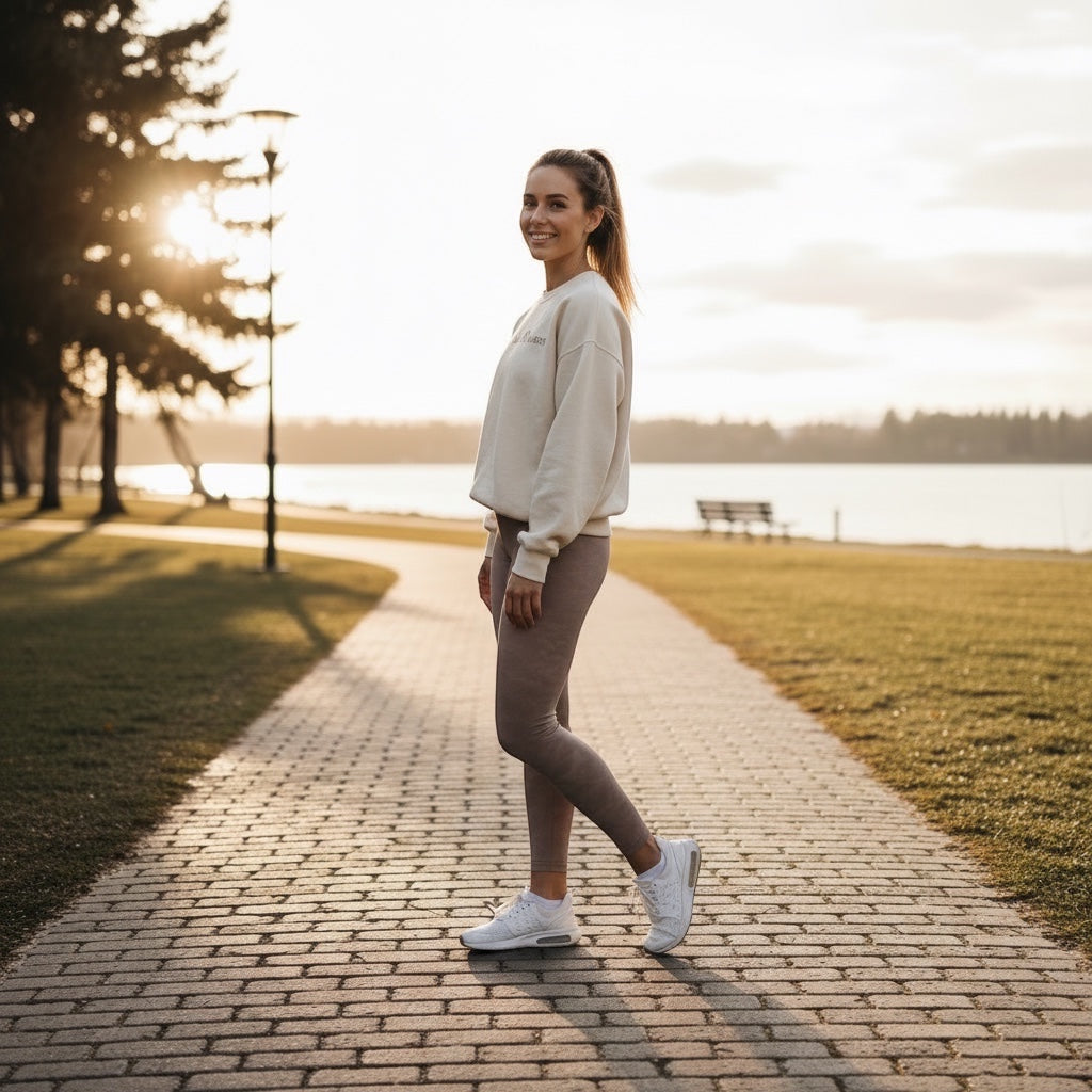 JSD Apparel Jenvae high-waisted leggings in a subtle leopard print, worn by a woman on a sunset park path.