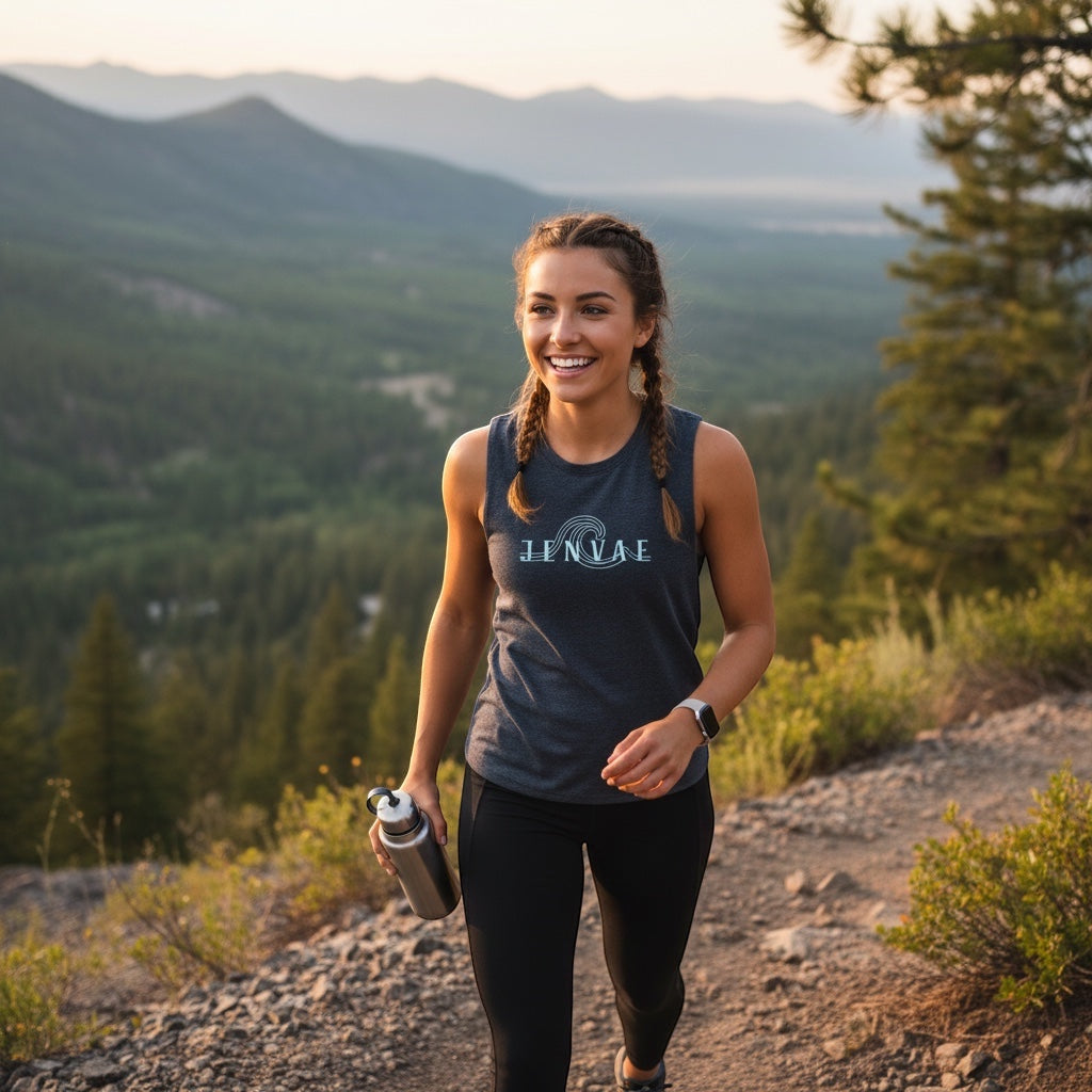 JSD Apparel Jenvae Wave cropped tank in deep charcoal heather on a smiling woman hiking in the mountains.
