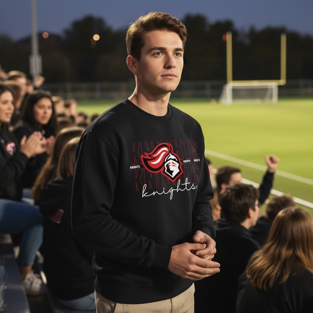 JSD Apparel black crewneck sweatshirt with Knights script graphic worn by a man in a stadium bleacher setting