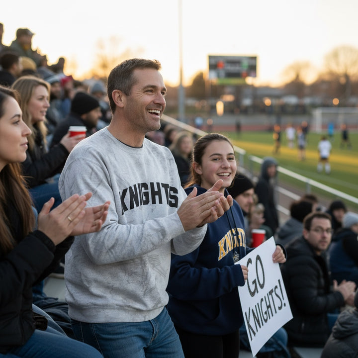 JSD Apparel gray crewneck sweatshirt with black KNIGHTS lettering worn by a man cheering at a sports game