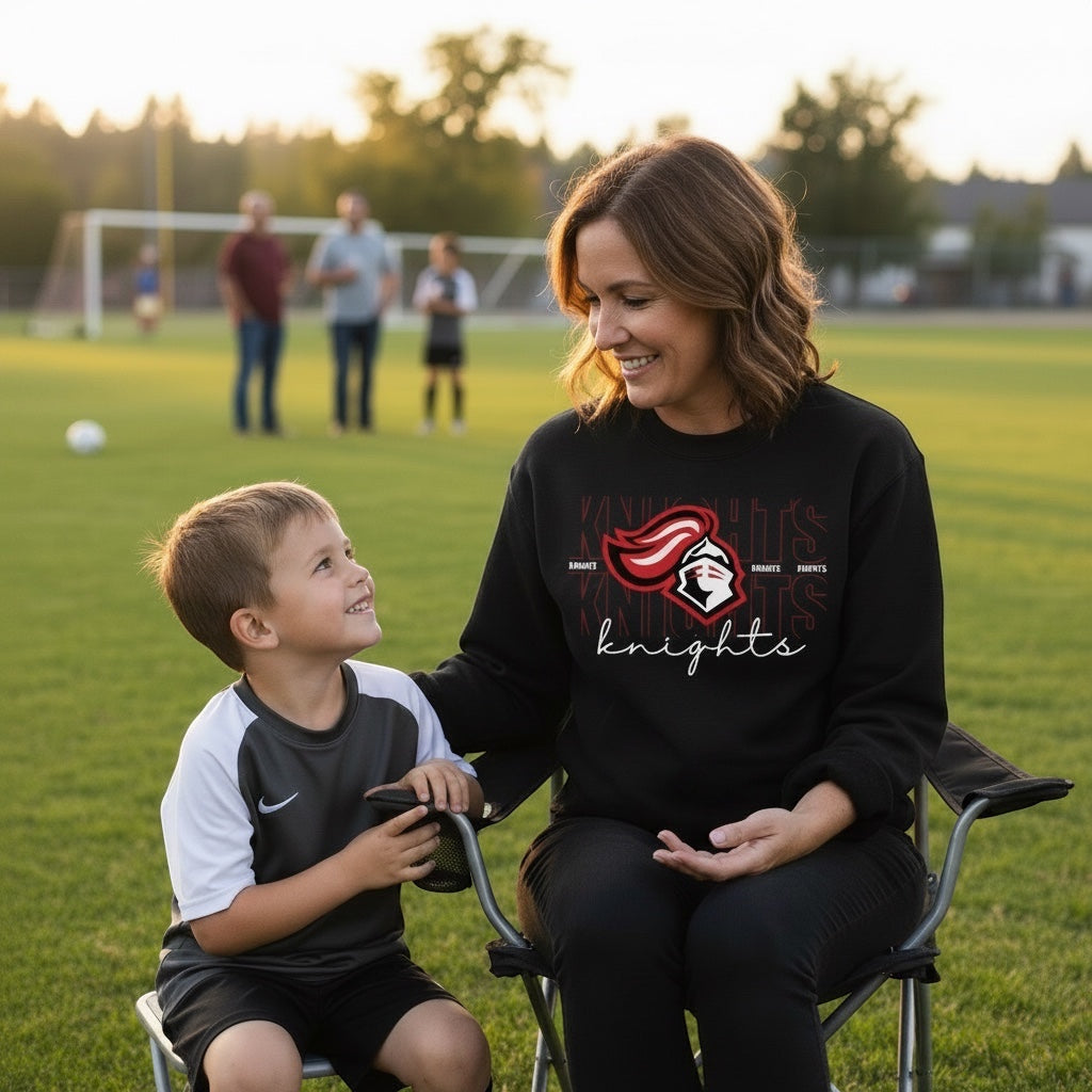 JSD Apparel black crewneck sweatshirt with Knights script graphic worn by a woman sitting on a field with a child