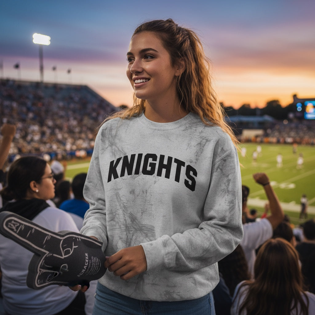 JSD Apparel marble gray tie-dye crewneck sweatshirt with black arched KNIGHTS lettering worn by a woman at a stadium