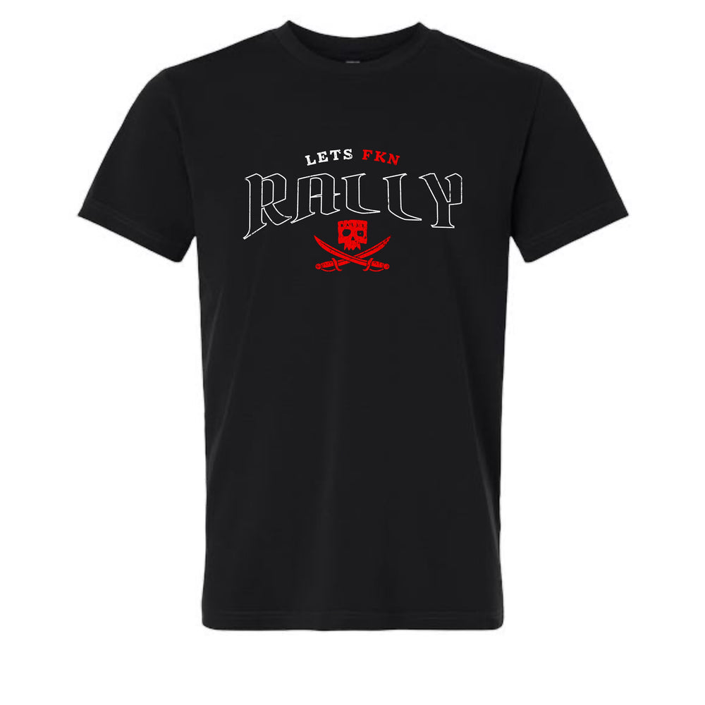 JSD Apparel black unisex premium tee featuring a white and red Let's FKN Rally skull and crossed swords graphic.