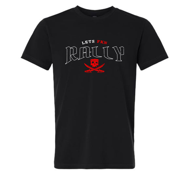 JSD Apparel black unisex premium tee featuring a white and red Let's FKN Rally skull and crossed swords graphic.