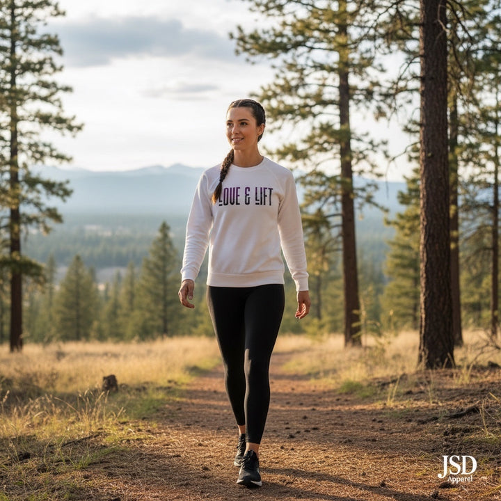 Woman wearing a white JSD Apparel Love & Lift loopback terry crewneck sweatshirt while walking on a forest trail.
