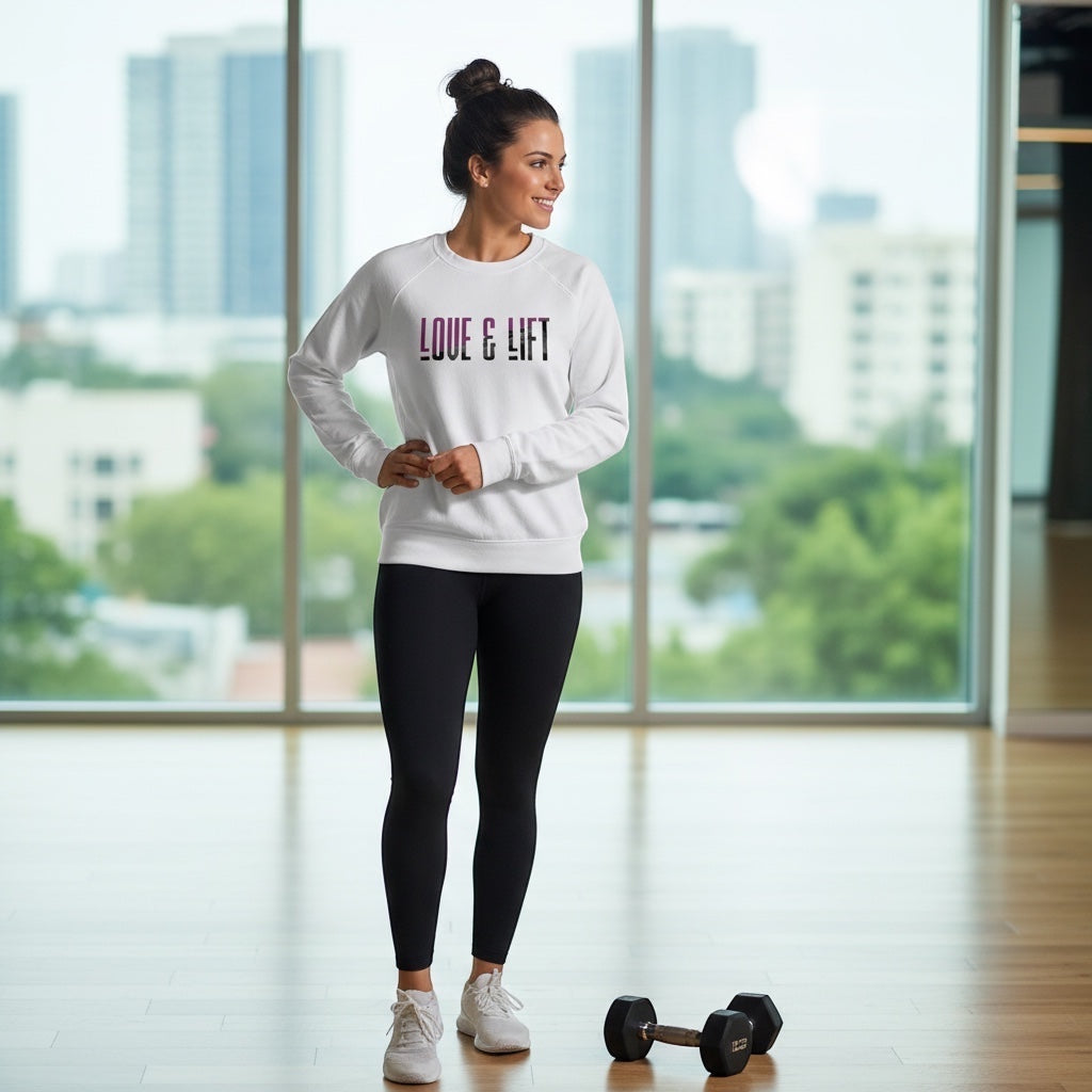 Woman wearing a white JSD Apparel Love & Lift crewneck sweatshirt with black leggings in a gym setting.