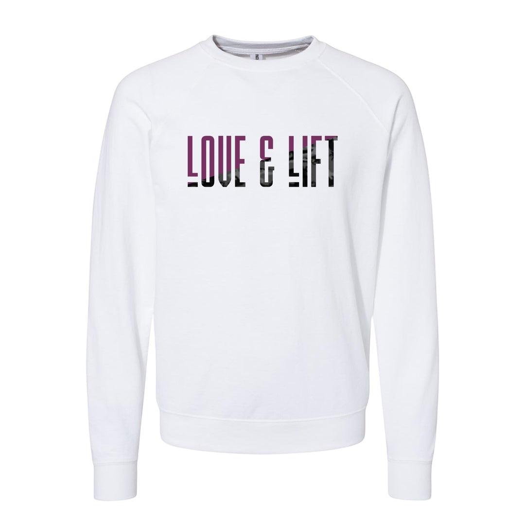 JSD Apparel white unisex crewneck sweatshirt with Love & Lift graphic print in black and purple text.