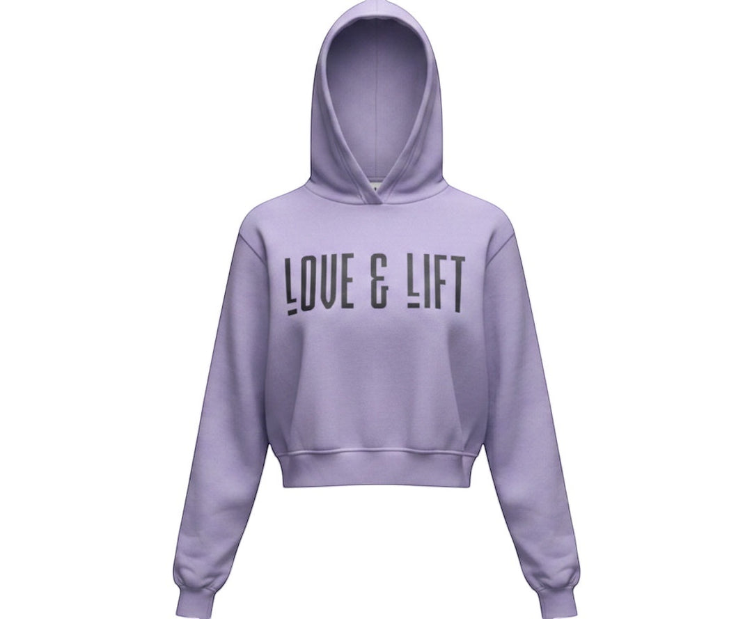 JSD Apparel lavender women's classic fleece hoodie with Love & Lift graphic, featuring a hood and no drawcords.