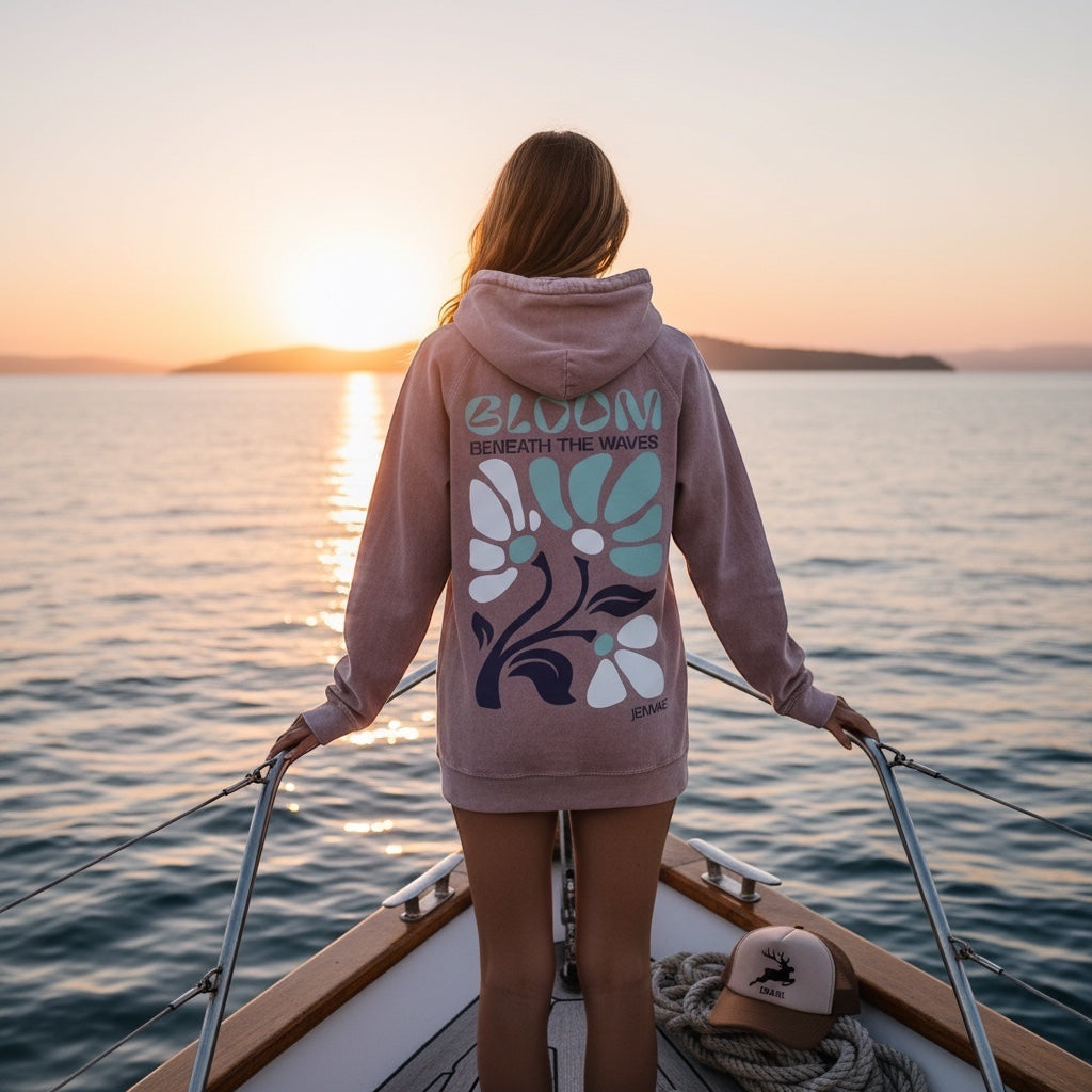 JSD Apparel washed mauve hoodie with floral wave graphic on back, worn by woman on boat at sunset