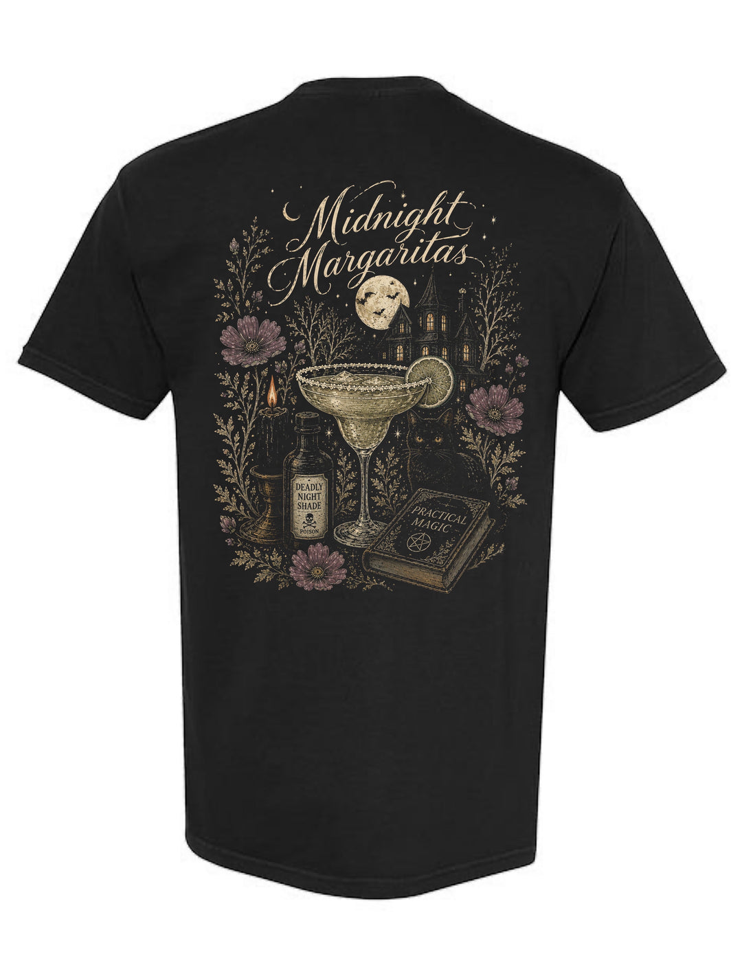 JSD Apparel black unisex cotton tee featuring a detailed vintage Halloween back graphic of a margarita and magic.