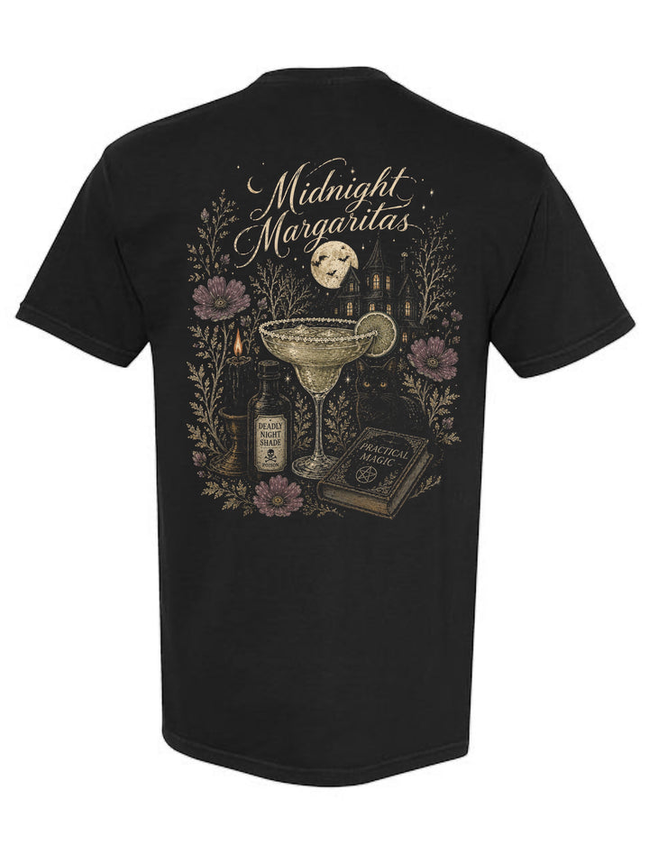 JSD Apparel black unisex cotton tee featuring a detailed vintage Halloween back graphic of a margarita and magic.