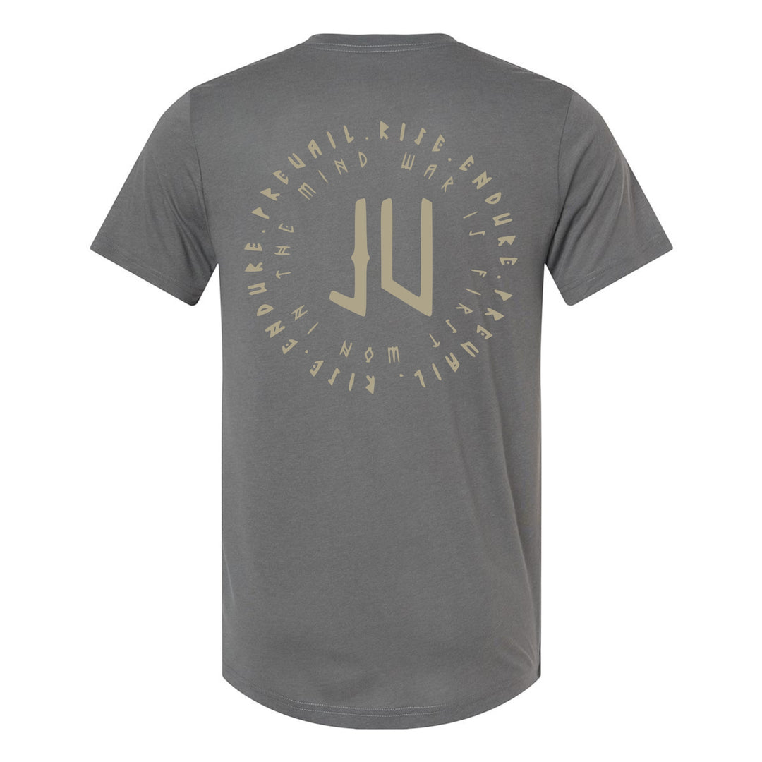 Back view of JSD Apparel charcoal steel unisex t-shirt with tan circular Mind War mantra graphic and JV monogram.