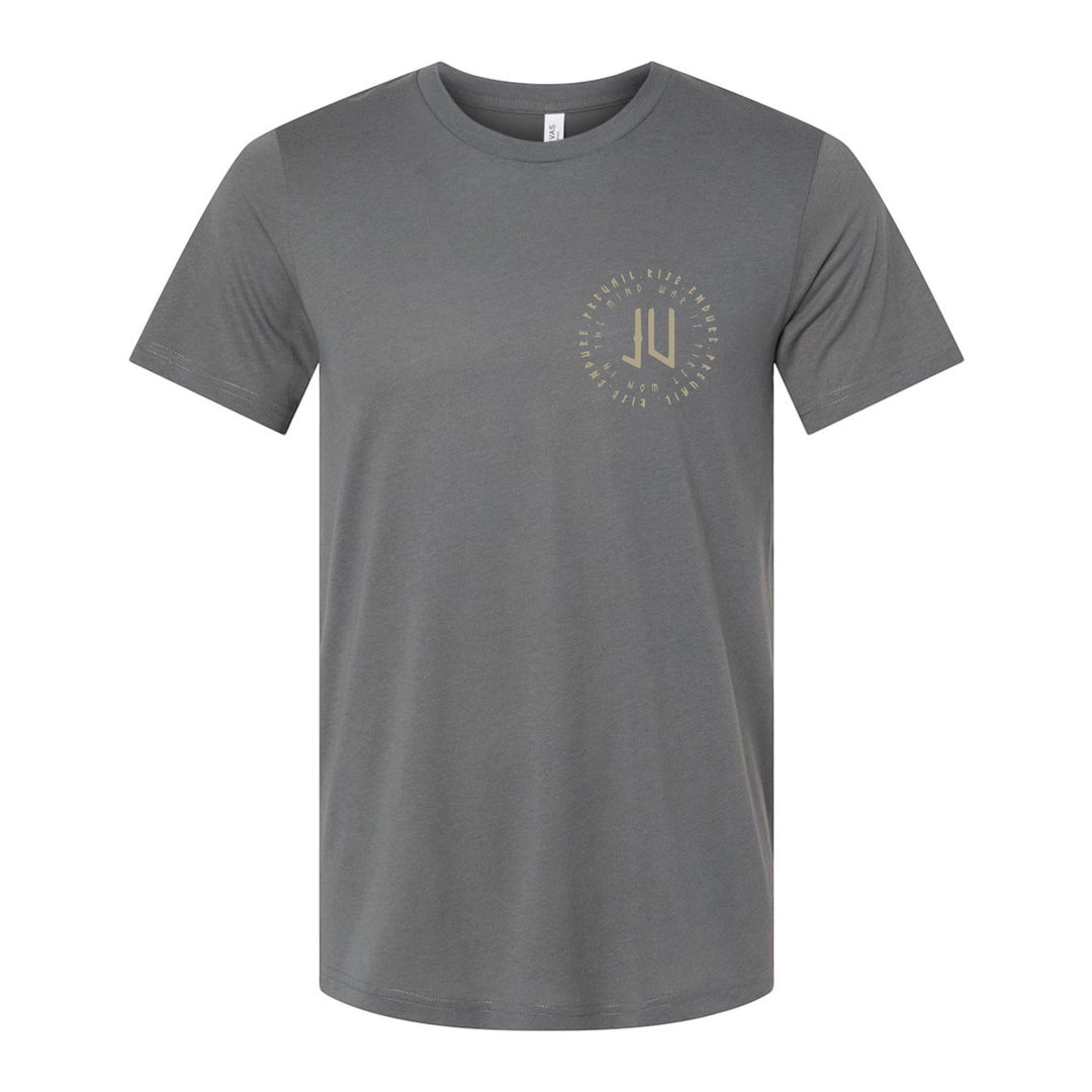 JSD Apparel charcoal steel unisex t-shirt with tan circular JV Mind War logo on the chest, made of soft cotton blend.