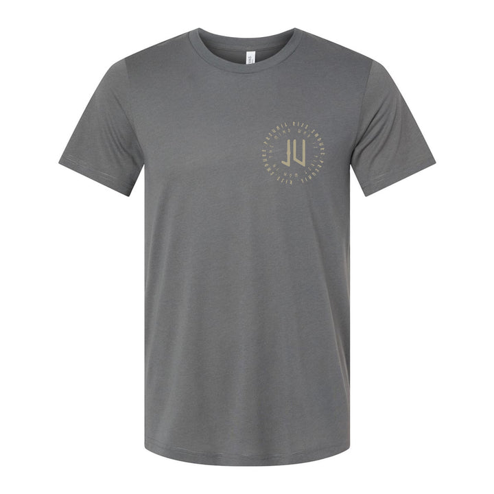 JSD Apparel charcoal steel unisex t-shirt with tan circular JV Mind War logo on the chest, made of soft cotton blend.