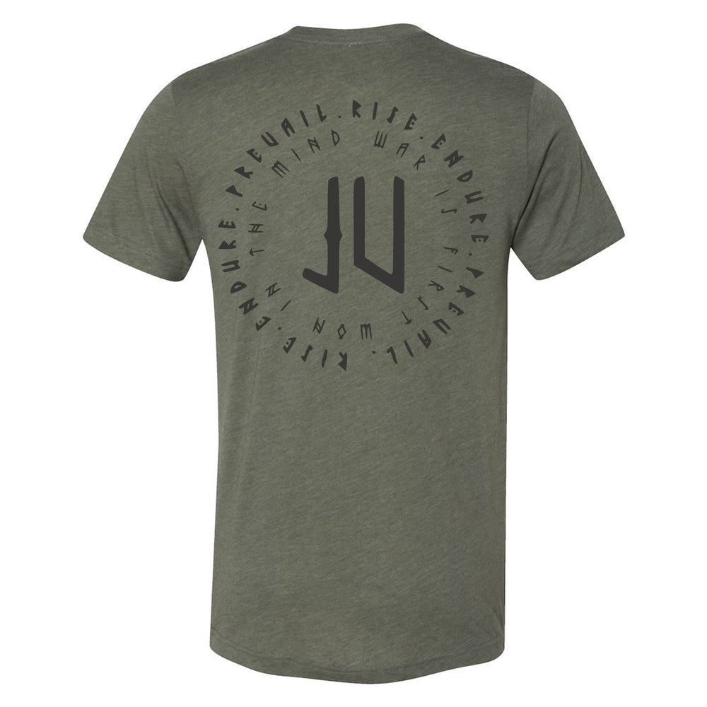 Back view of JSD Apparel olive green unisex t-shirt featuring a black circular Mind War mantra graphic print.