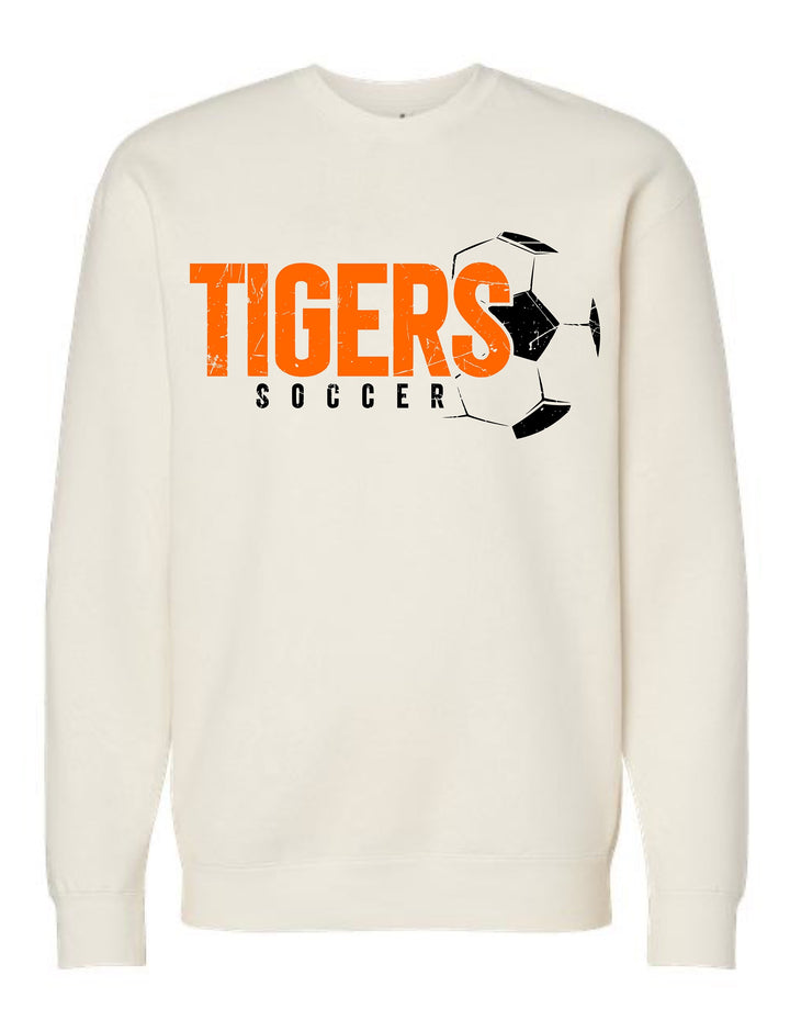 JSD Apparel natural crewneck sweatshirt with distressed orange TIGERS soccer graphic and black soccer ball design