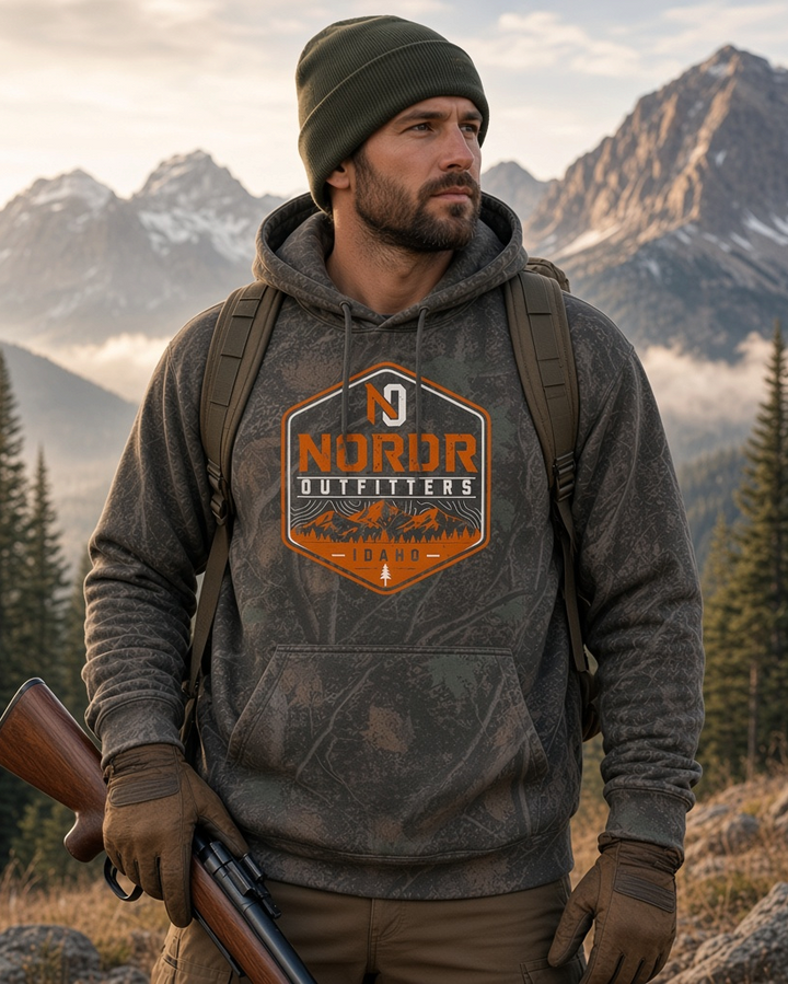 JSD Apparel Nordr Idaho Ridge camo hoodie with orange and cream graphic, worn by a man in a mountain landscape.
