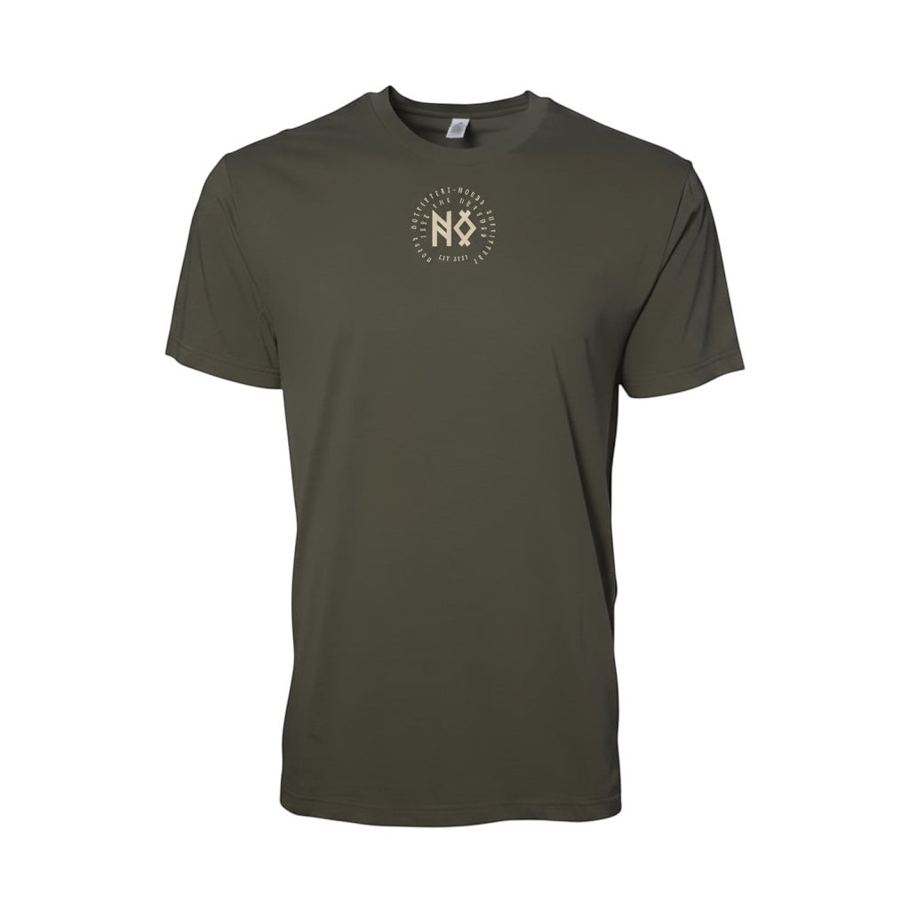 JSD Apparel olive green cotton t-shirt with a vintage elk graphic on the back and a circular logo on the chest.