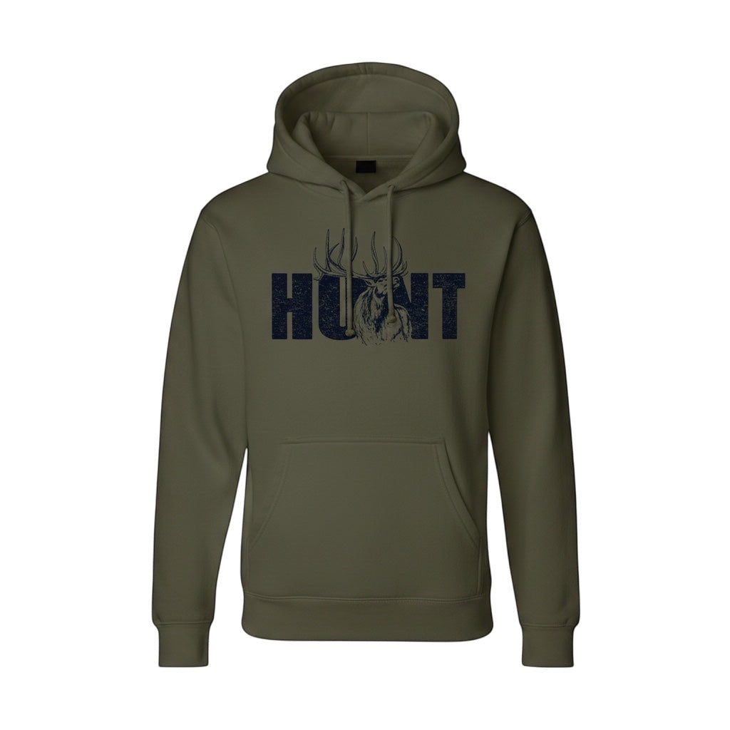 JSD Apparel olive green heavyweight hoodie featuring a distressed HUNT graphic with a bull elk illustration.