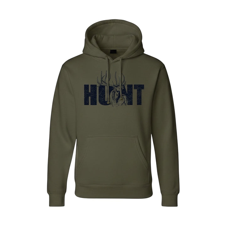 JSD Apparel olive green heavyweight hoodie featuring a distressed HUNT graphic with a bull elk illustration.