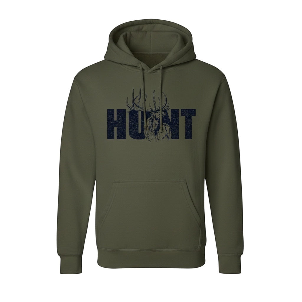 JSD Apparel olive green heavyweight hoodie with a distressed black HUNT graphic and bull elk design.