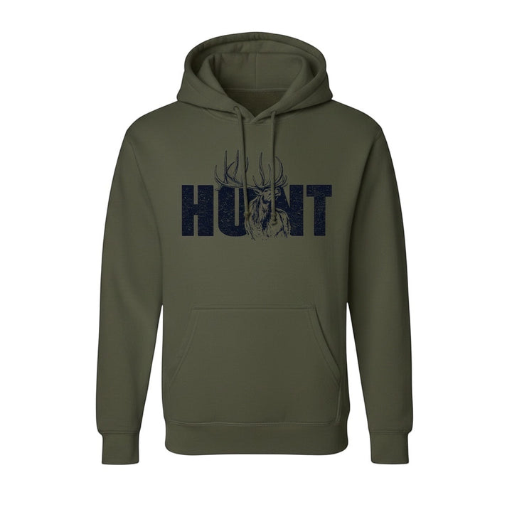 JSD Apparel olive green heavyweight hoodie with a distressed black HUNT graphic and bull elk design.