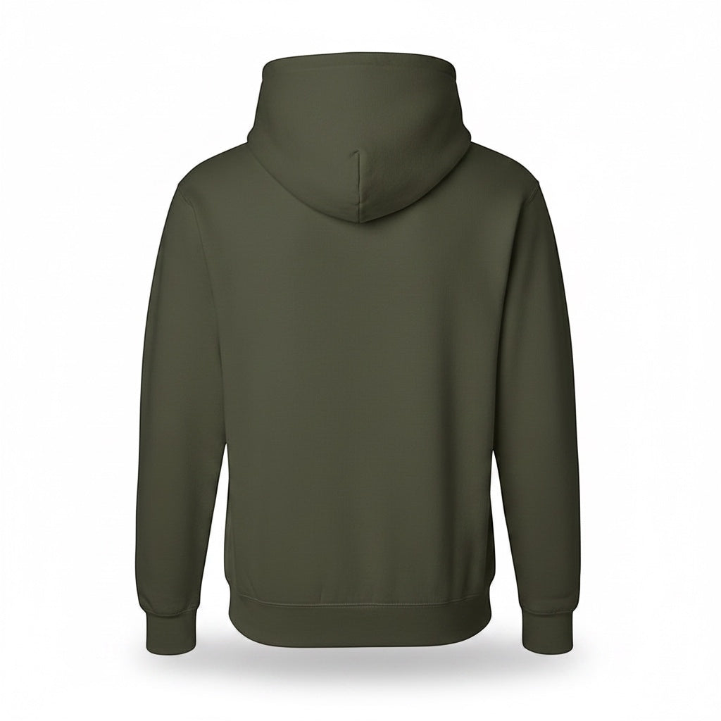 JSD Apparel olive green heavyweight hoodie, back view, showing a solid colour design with a double-lined hood.