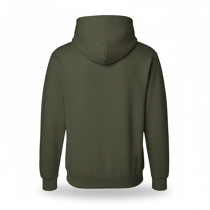 JSD Apparel olive green heavyweight hoodie, back view, showing a solid colour design with a double-lined hood.