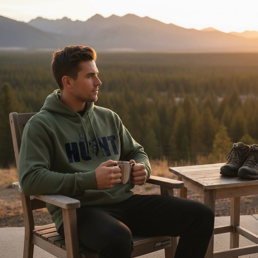 JSD Apparel olive green heavyweight hoodie with HUNT elk graphic worn by a man sitting outdoors at sunset