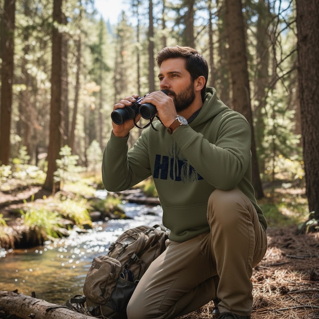 JSD Apparel olive green heavyweight hoodie with HUNT elk graphic worn by a man using binoculars in a forest.