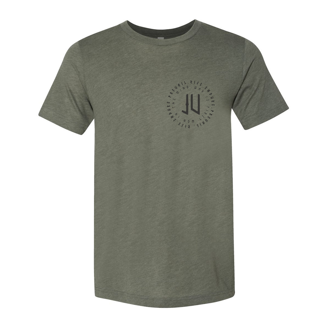 JSD Apparel olive green unisex t-shirt with black JV monogram circular mantra print on the chest, cotton-poly blend.