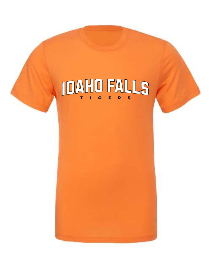 JSD Apparel orange Idaho Falls Tigers unisex cotton t-shirt with white and black collegiate style lettering