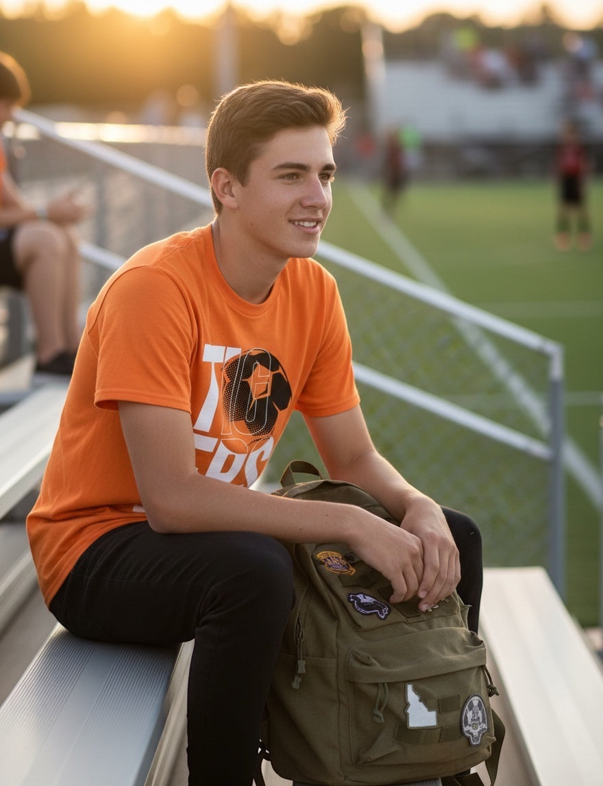 JSD Apparel orange unisex jersey tee with Tigers soccer graphic worn by a young man sitting on stadium bleachers.