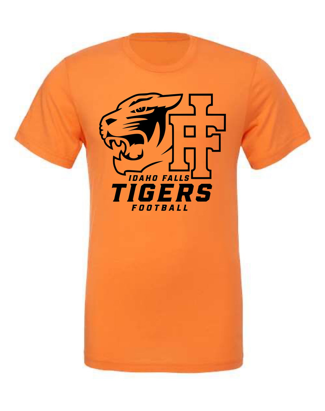 JSD Apparel orange crewneck t-shirt with black Idaho Falls Tigers Football logo and tiger head graphic
