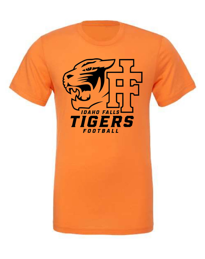 JSD Apparel orange crewneck t-shirt with black Idaho Falls Tigers Football logo and tiger head graphic