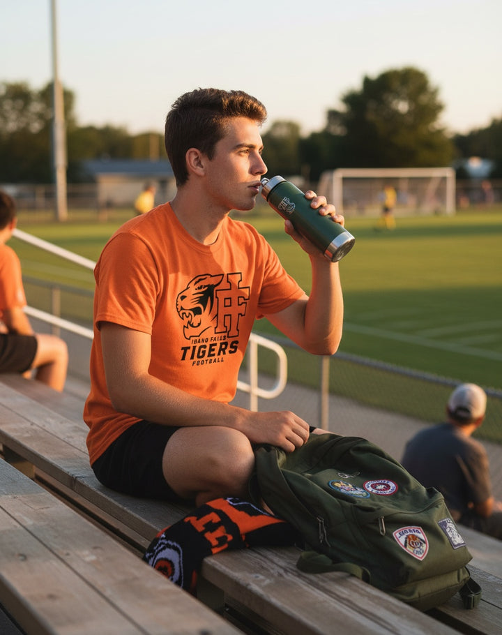 JSD Apparel orange Idaho Falls Tigers Football crewneck tee worn by a student drinking from a bottle on bleachers