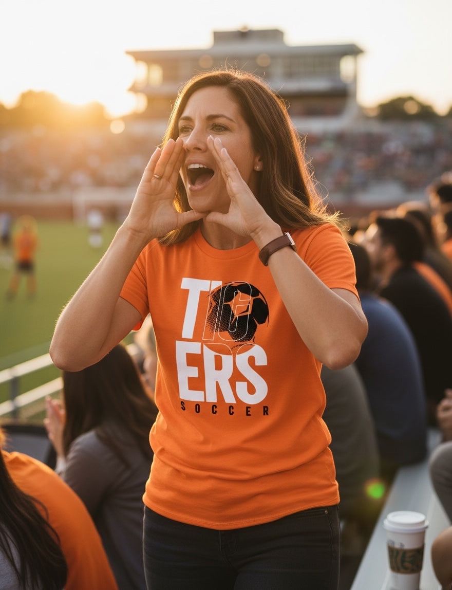 JSD Apparel orange unisex jersey tee with TIGERS soccer graphic worn by a cheering fan at a sunny stadium game