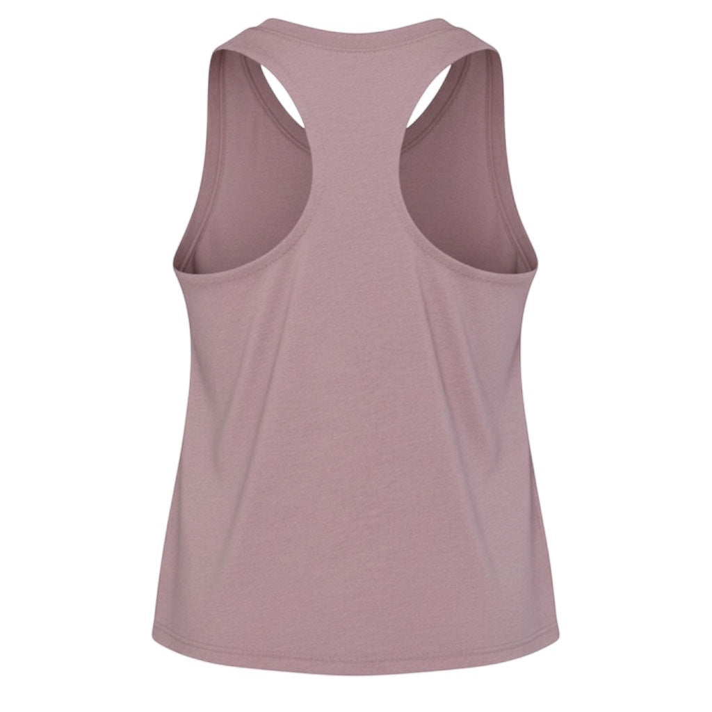 JSD Apparel Orchid Racerback Cropped Tank top made from a cotton-polyester blend with raw edge armholes.