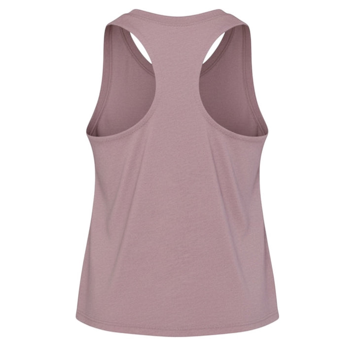 JSD Apparel Orchid Racerback Cropped Tank top made from a cotton-polyester blend with raw edge armholes.