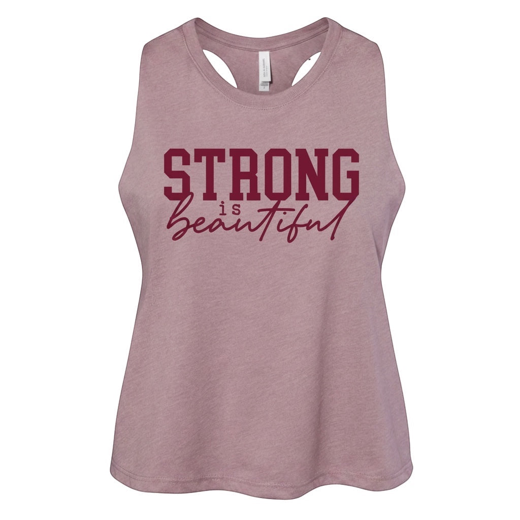 JSD Apparel Orchid Racerback Cropped Tank top with "STRONG is Beautiful" graphic. Made of cotton-polyester jersey.